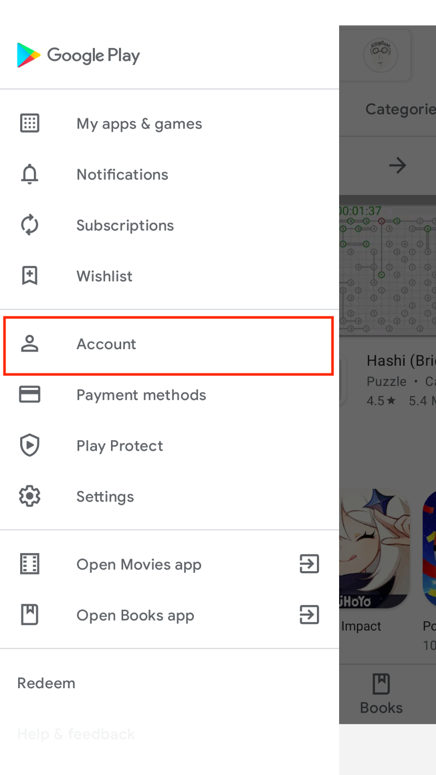 Google play account menu.